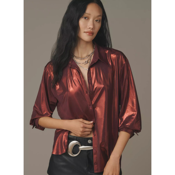 Anthropologie Tops - NEW Anthropologie Shine Button Down Shirt Womens XL Dark Red Long Sleeve Relaxed
